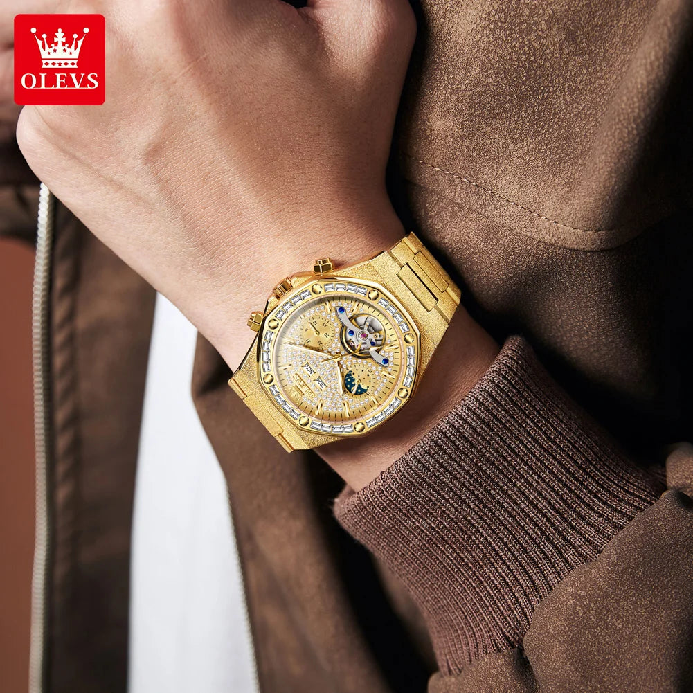 OLEVS 9805 Herrenuhr Luxus Klassische Hohl Skelett Diamant Wasserdichte Herren Handuhr Mondphase Datum Mechanische Uhr Für Männer