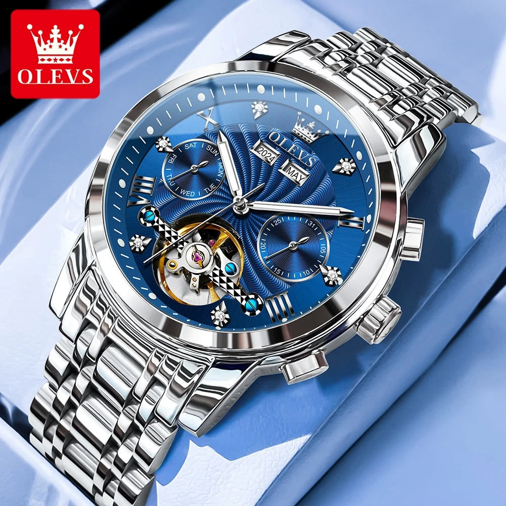 OLEVS 7088 Herrenuhr Mode Kalender Mechanische Uhr für Herren Original Hohl-Stahlarmband Business Armbanduhr Tief Wasserdicht