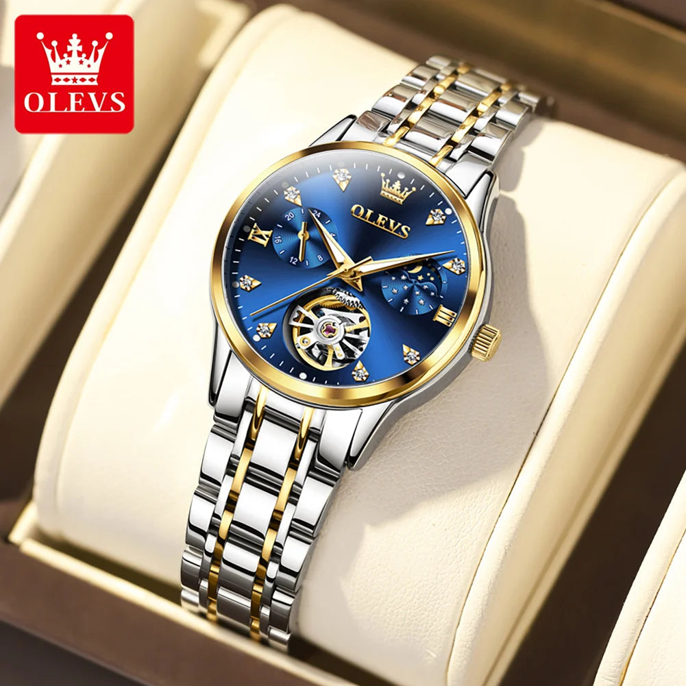 OLEVS Automatische mechanische Uhren für Damen, wasserdicht, leuchtend, Mondphase, Handuhr, Original Luxus Damenarmbanduhren 6608