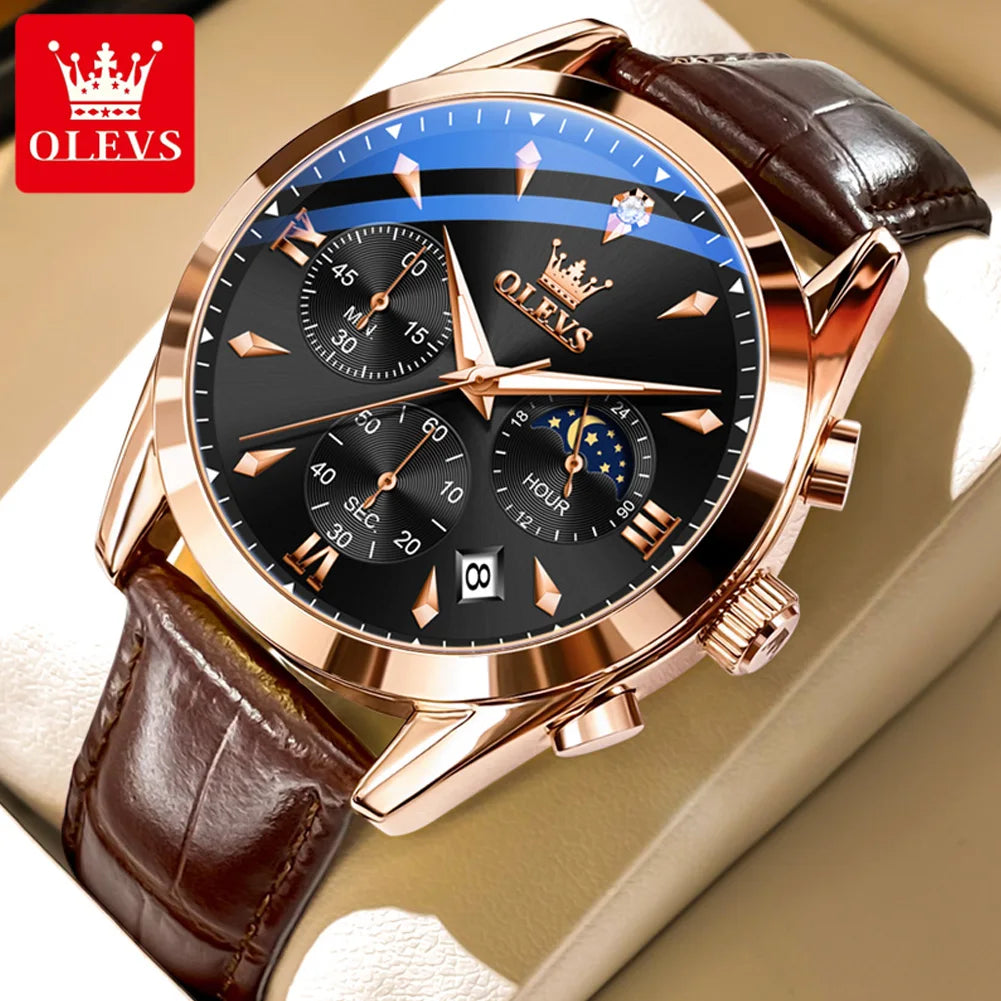 OLEVS 3609 Watch For Men Fashion Calendar Waterproof Luminous Male Hand Clock Chronograph Moon Phase Quartz Business Man Watches