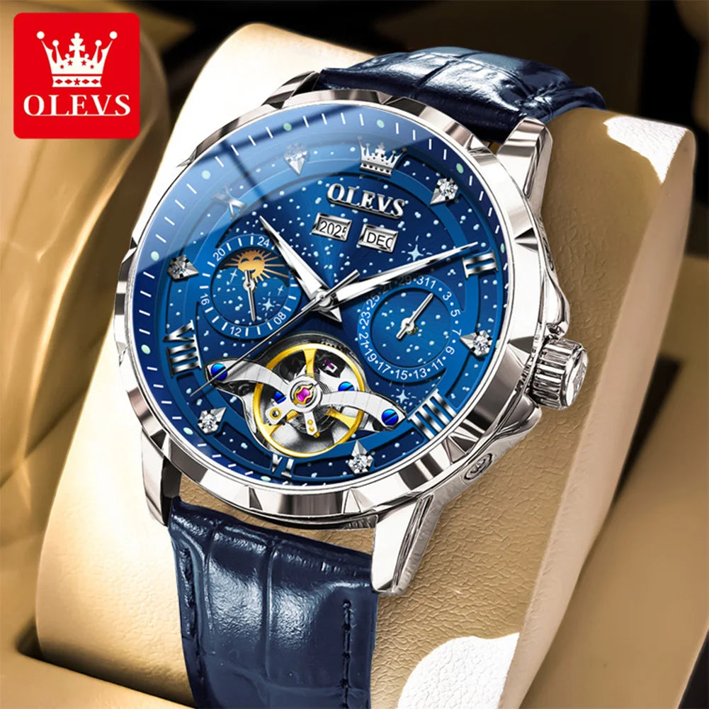 OLEVS 6690 Herrenuhr, hohle Mode-Datumsuhr, mechanische Uhr für Männer, Mondphase, tief wasserdicht, leuchtend, Original Herren Armbanduhr