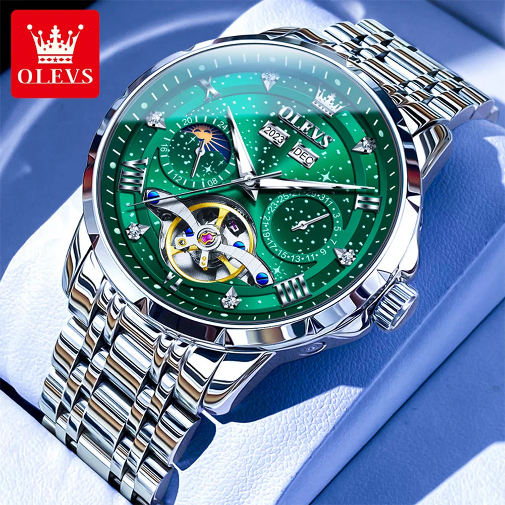 OLEVS 6690 Herrenuhr, hohle Mode-Datumsuhr, mechanische Uhr für Männer, Mondphase, tief wasserdicht, leuchtend, Original Herren Armbanduhr