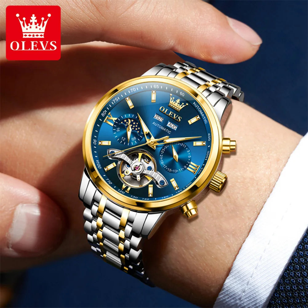 OLEVS Original Mondphasen-Uhren für Herren Schwungrad Automatische Mechanische Armbanduhr Wasserdicht Leuchtende Herrenuhren Geschenke 6740