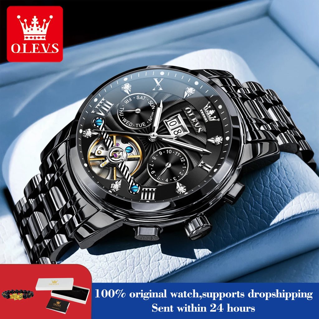OLEVS 9910 Herrenuhr Luxus Business Mechanische Uhr für Herren Hohl Roman Skala Wasserdicht Leuchtender Kalender Herren-Armbanduhr