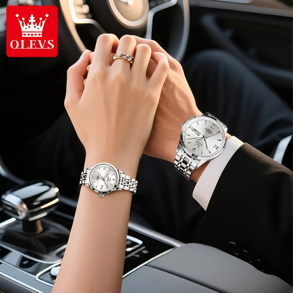 OLEVS 9956 Uhren für Paare Automatische Mechanische Uhren Dual-Kalender Original Edelstahl Zeigeruhr Wasserdicht 9956