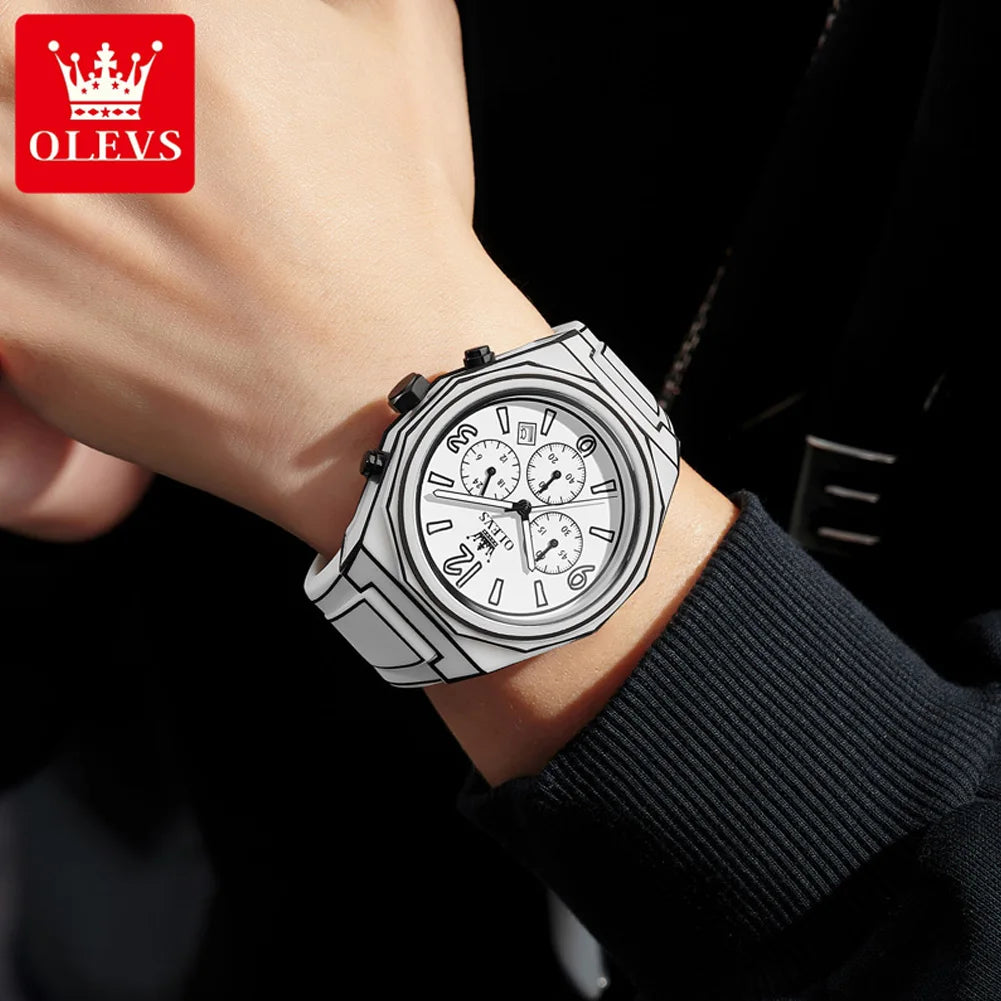 OLEVS 5622 Comic Style Quartz Watch For Men Chronograph Waterproof Luminous Hand Clock Number Scale Date Silicone Man Watches
