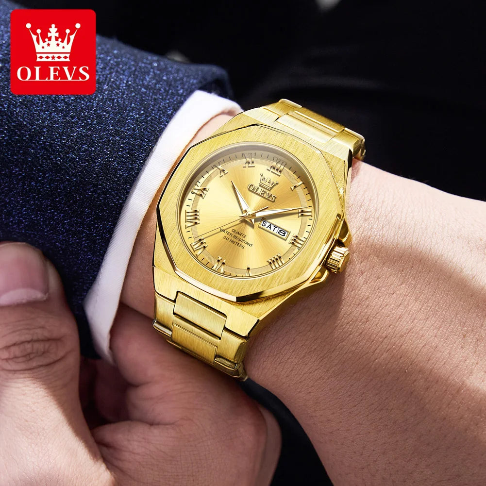 OLEVS 3727 Herrenuhren Wasserdicht Leuchtend Wochentag Datum Quarzuhr Edelstahl Luxusuhren für Männer Hochwertige Uhr