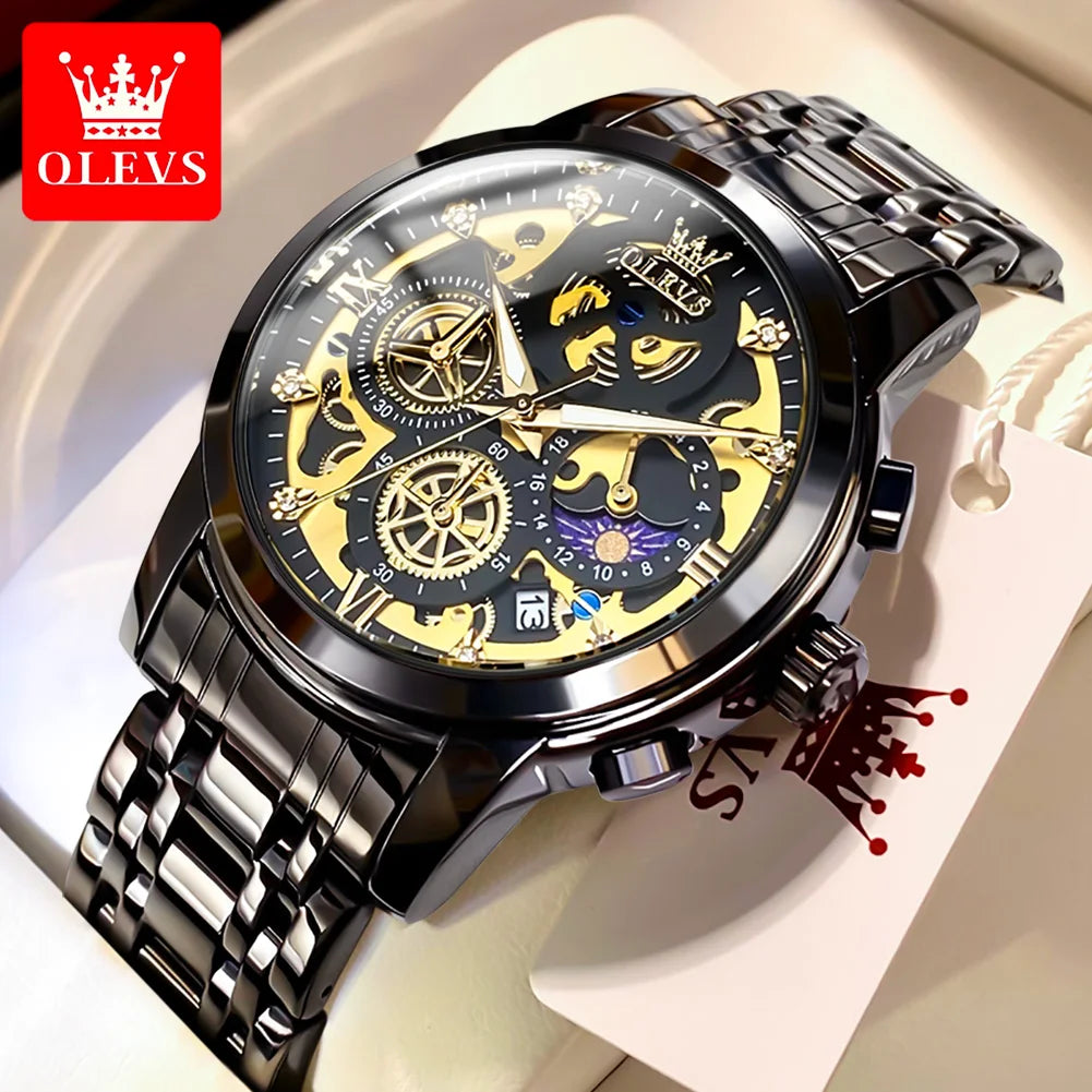 OLEVS 9947 Original Klassische Skelett Quarzuhren für Herren Marke Wasserdichte Edelstahl Kalender Herren Armbanduhr