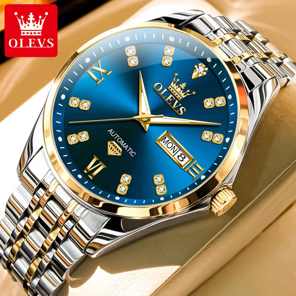 OLEVS 9801 Herrenuhr Wasserdicht Dual Kalender Luxus Mechanische Uhr Für Männer Diamant Zifferblatt Edelstahl Automatische Armbanduhr