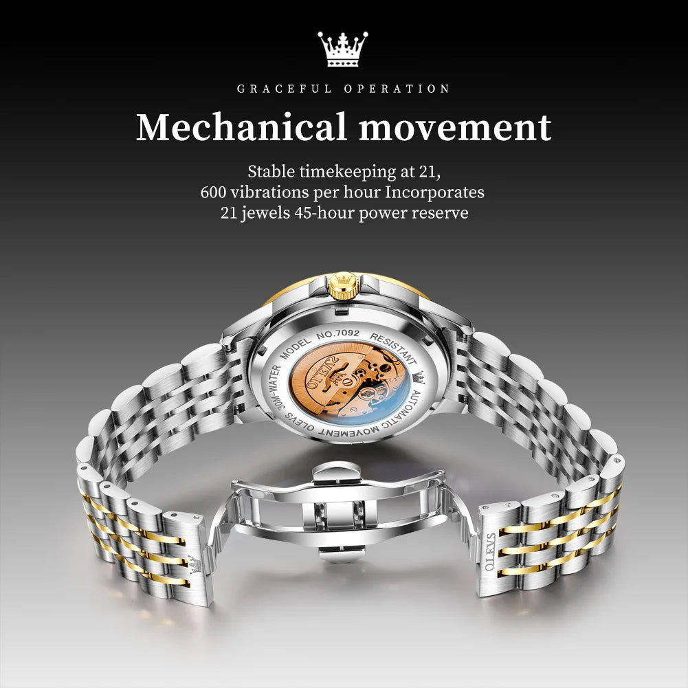 OLEVS 7092 Herrenuhr Original Luxusmarke Mechanische Uhren Wasserdicht Edelstahl Datum Woche Uhren für Männer Geschenke