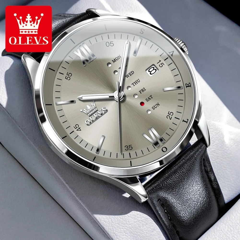 OLEVS Herrenuhren Schlichte Quarz-Kleid-Wochen-Datumsanzeige Für Herren Wasserdicht Leuchtendes Leder Business-Herrenuhr 2931