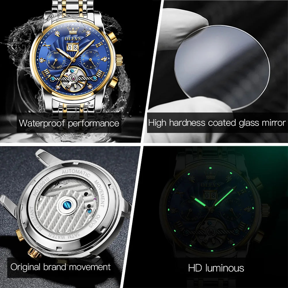 OLEVS 9910 Automatikuhr für Herren, mechanische Herrenarmbanduhr, luxuriöse Skelettuhr aus Edelstahl, wasserdicht, Original Herrenuhr