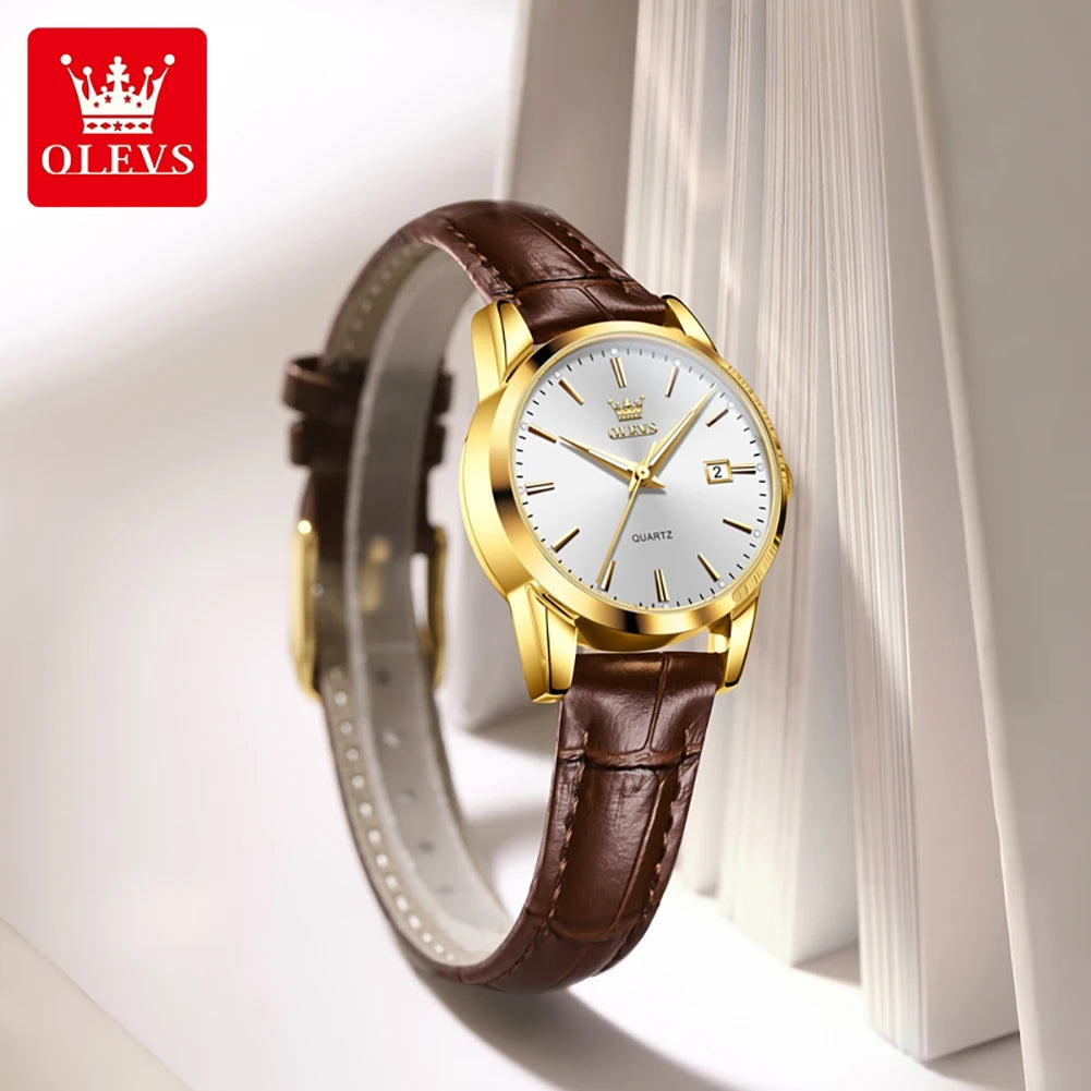 OLEVS 6898 Damen-Armbanduhr Mode Klassisch Datum Quarzuhren für Frauen Lederarmband Wasserdicht Leuchtend Damenuhr