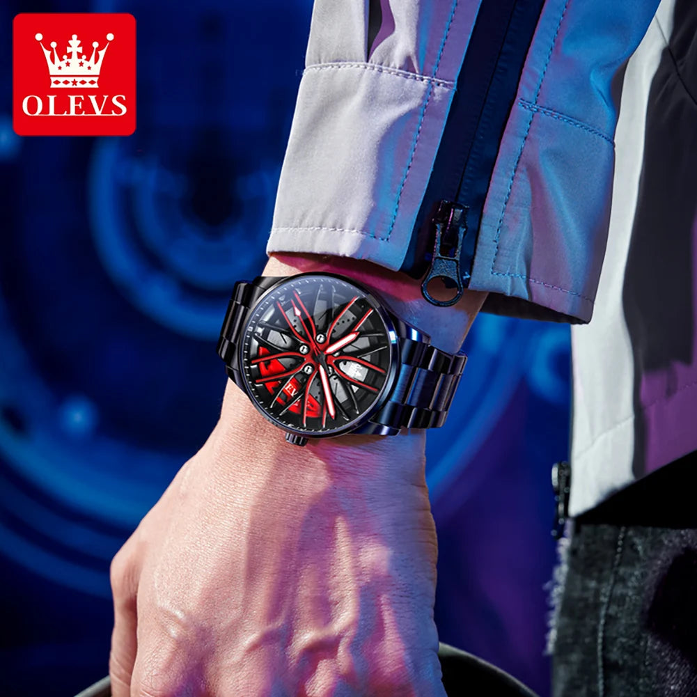 OLEVS Herrenuhr Quarzuhr Original drehbares Radnaben-Zifferblatt Modetrend Wasserdicht Leuchtend Edelstahl Armbanduhr 9937
