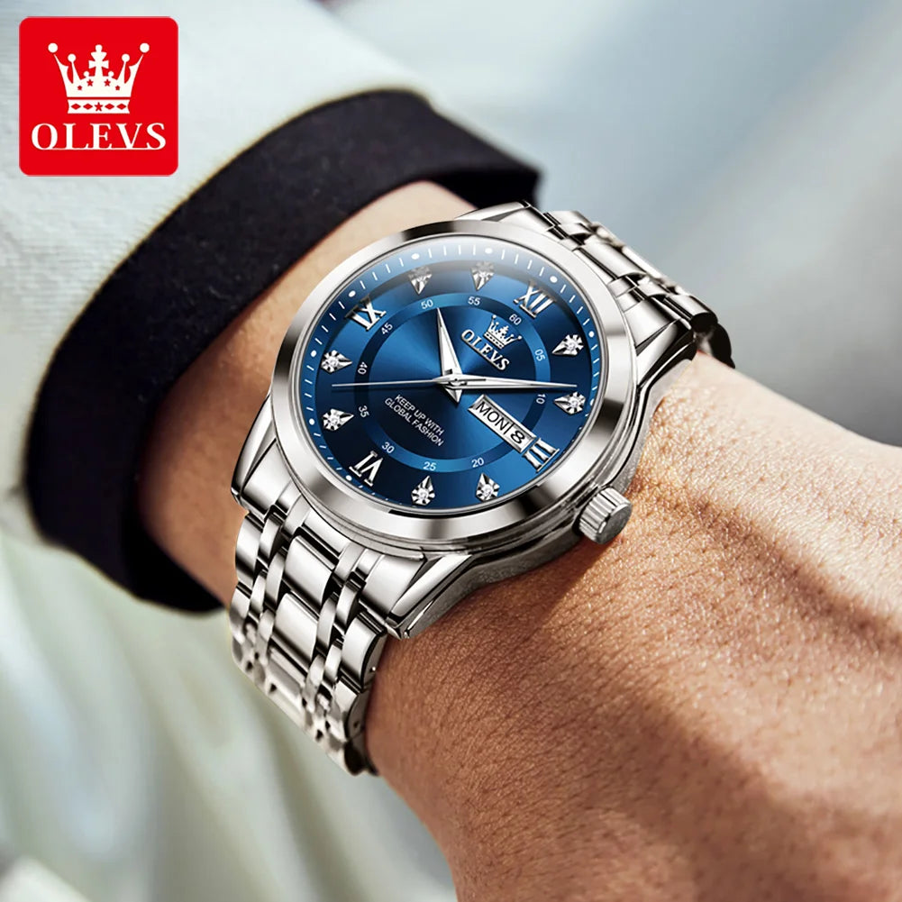 OLEVS 5513 Armbanduhr Herren Dual-Kalender Mode Quarzuhr Für Männer Diamant-Skala Edelstahl Luxus Herren Armbanduhr Wasserdicht