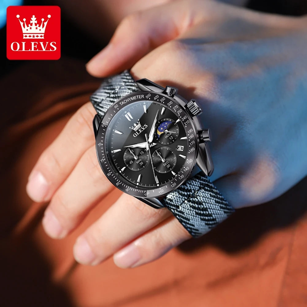 OLEVS 3630 Kuvars Erkek Kol Saati Tarih Kronograf 24 Saat Ay Evresi Su Geçirmez Erkek Saati Moda Naylon Kayış Orijinal Kol Saati