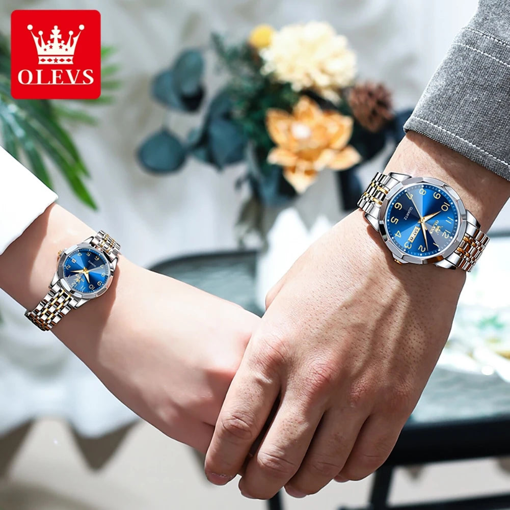 OLEVS 9970 Paar-Armbanduhr für Herren und Damen, luxuriöses Zifferblatt, Rhombus-Spiegel, Quarz-Handuhr, Edelstahl, originale Kleideruhren