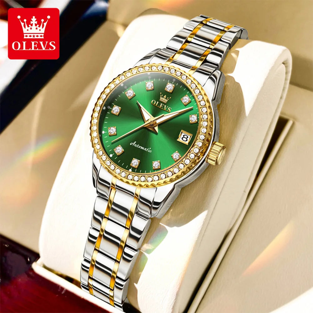 OLEVS 7003 Damen Automatikuhr Diamant-Skala Mechanische Uhr für Damen Stahlarmband Luxus Datum Damenuhr Wasserdicht
