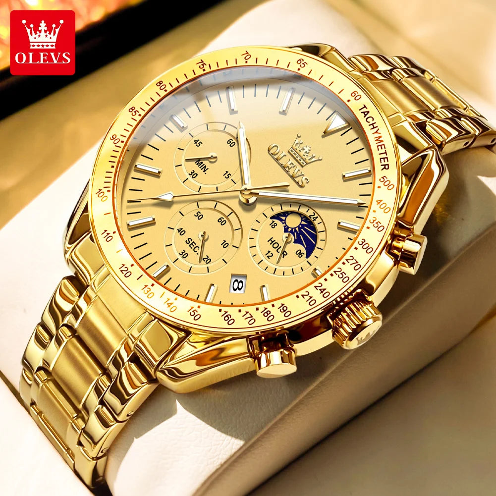OLEVS 3618 Quartz Watch For Men Original Chronograph Moon Phase 24 Hours Display Hand Clock Stainless Steel Top Brand Man Watch