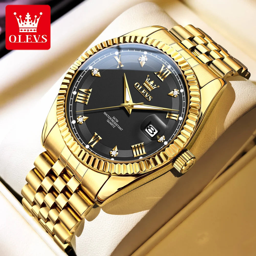 OLEVS Luxus Gold Quarzuhren für Herren Original Chronograph Datum Edelstahl Wasserdicht Leuchtend Top Marke Herrenuhr 5680