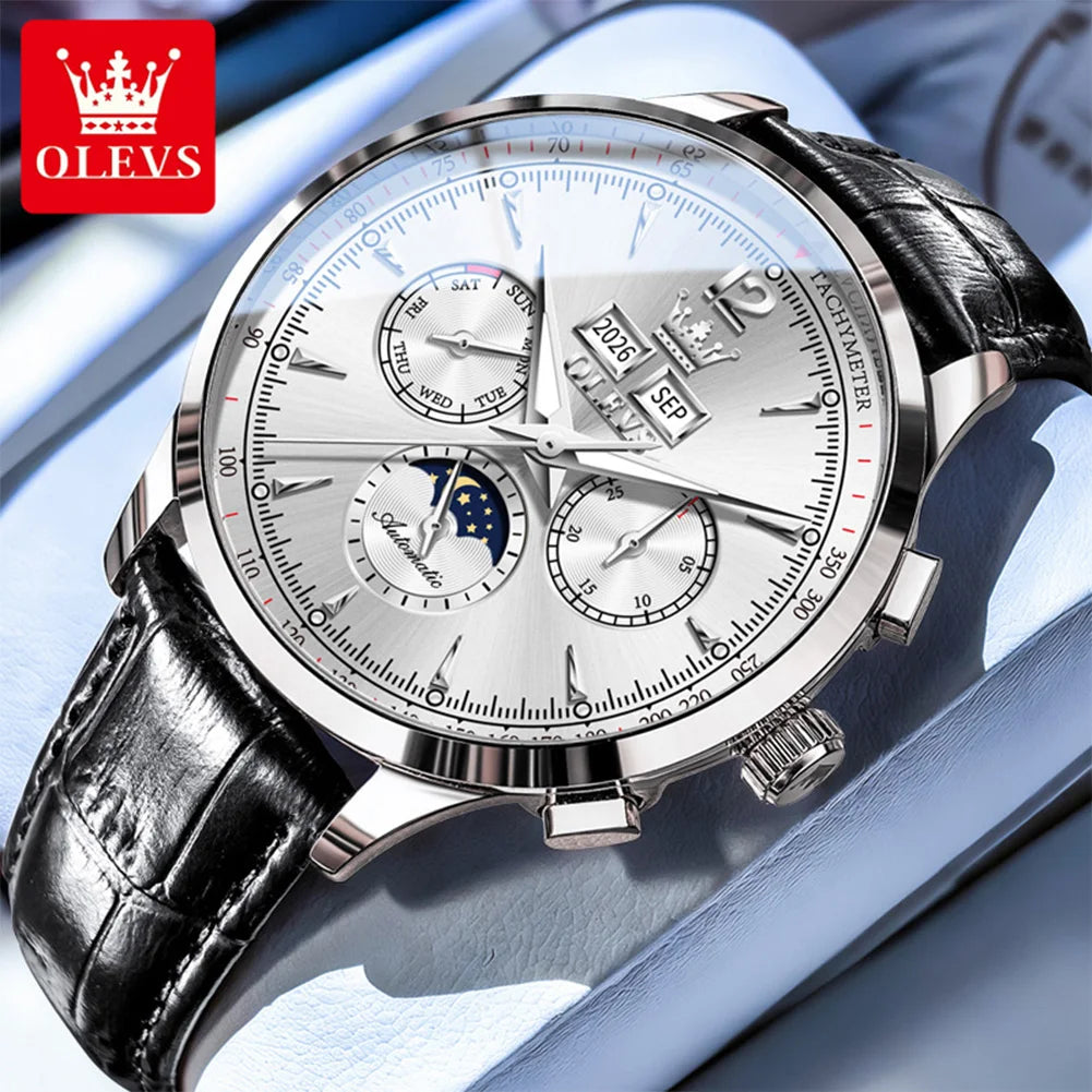 OLEVS 7128 Herrenuhr Luxus Klassische Automatische Mechanische Armbanduhr Wasserdichter Ewiger Kalender Mondphasenuhren Für Herren