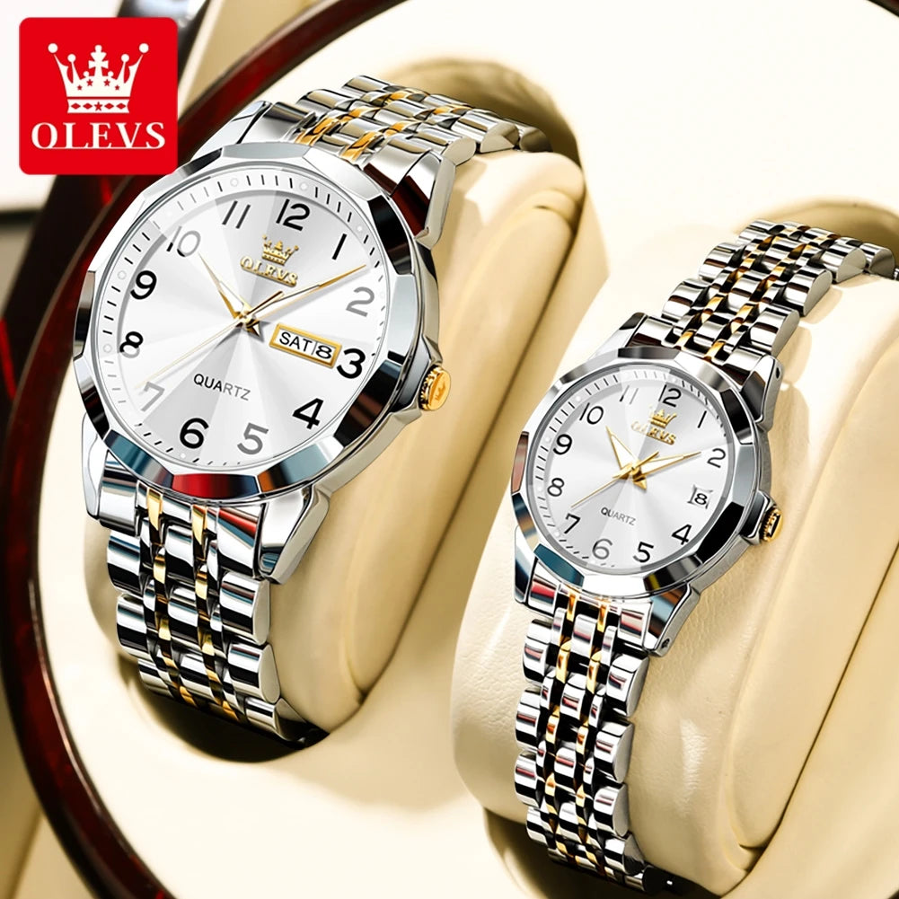 OLEVS 9970 Paar-Armbanduhr für Herren und Damen, luxuriöses Zifferblatt, Rhombus-Spiegel, Quarz-Handuhr, Edelstahl, originale Kleideruhren