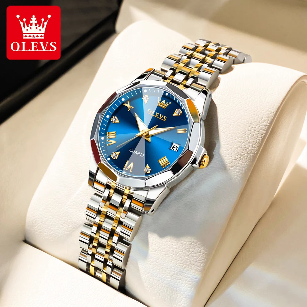 OLEVS 9931 Uhr für Herren und Damen Römische Skala Quarz-Paaruhr Rhombus-Spiegel Automatisches Datum Armbanduhr Luxus Wasserdichte Handuhr
