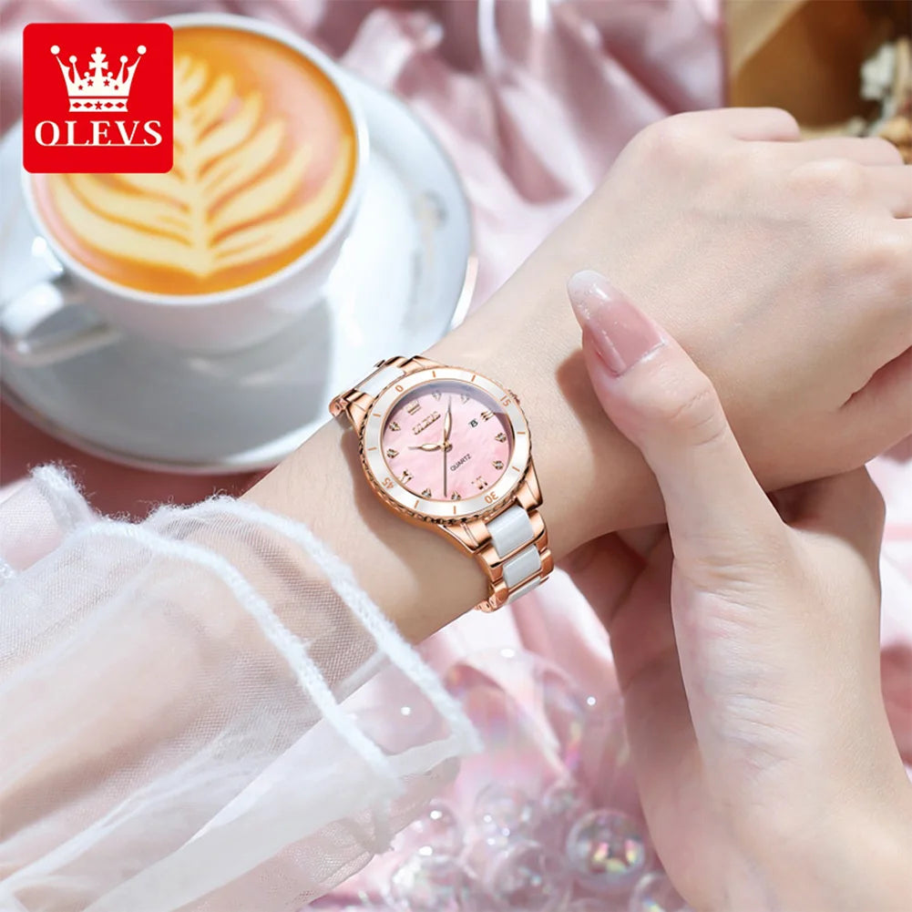 OLEVS 9985 Damenuhr Keramik Armband Mode Datum Quarzuhr für Damen Top Marke Wasserdicht Elegante Damenuhr