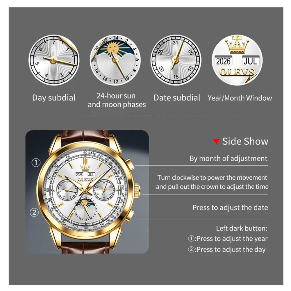 OLEVS Herrenuhr Klassische Automatische Mechanische Armbanduhr Wasserdichter Ewiger Kalender Mondphase-Uhr Für Herren Handuhr 7171