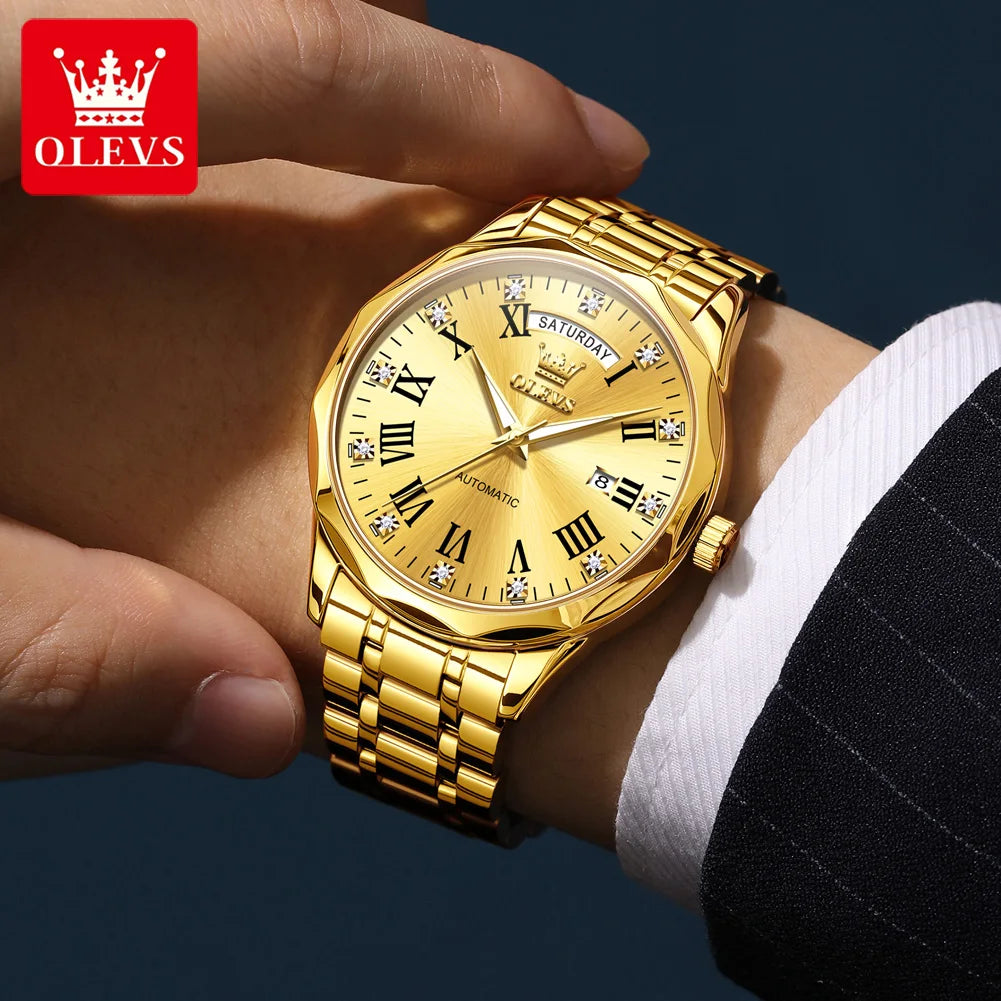 OLEVS 6780 Luxus Business Automatikuhr für Herren, römische Ziffern, Doppelkalender, wasserdicht, Edelstahl