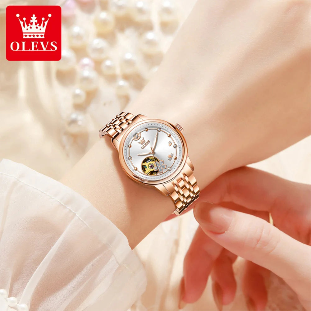 OLEVS 6732 Damenuhr Hohl Automatische Mechanische Uhr Für Frauen Edelstahlarmband Luxus Original Wasserdichte Armbanduhr