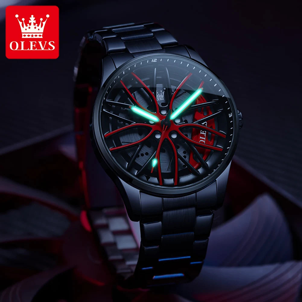 OLEVS Herrenuhr Quarzuhr Original drehbares Radnaben-Zifferblatt Modetrend Wasserdicht Leuchtend Edelstahl Armbanduhr 9937