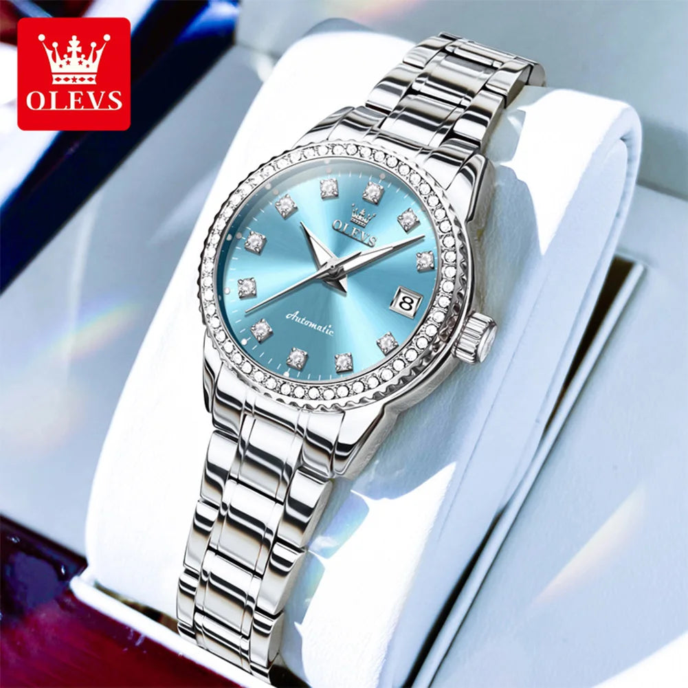 OLEVS 7003 Damen Automatikuhr Diamant-Skala Mechanische Uhr für Damen Stahlarmband Luxus Datum Damenuhr Wasserdicht