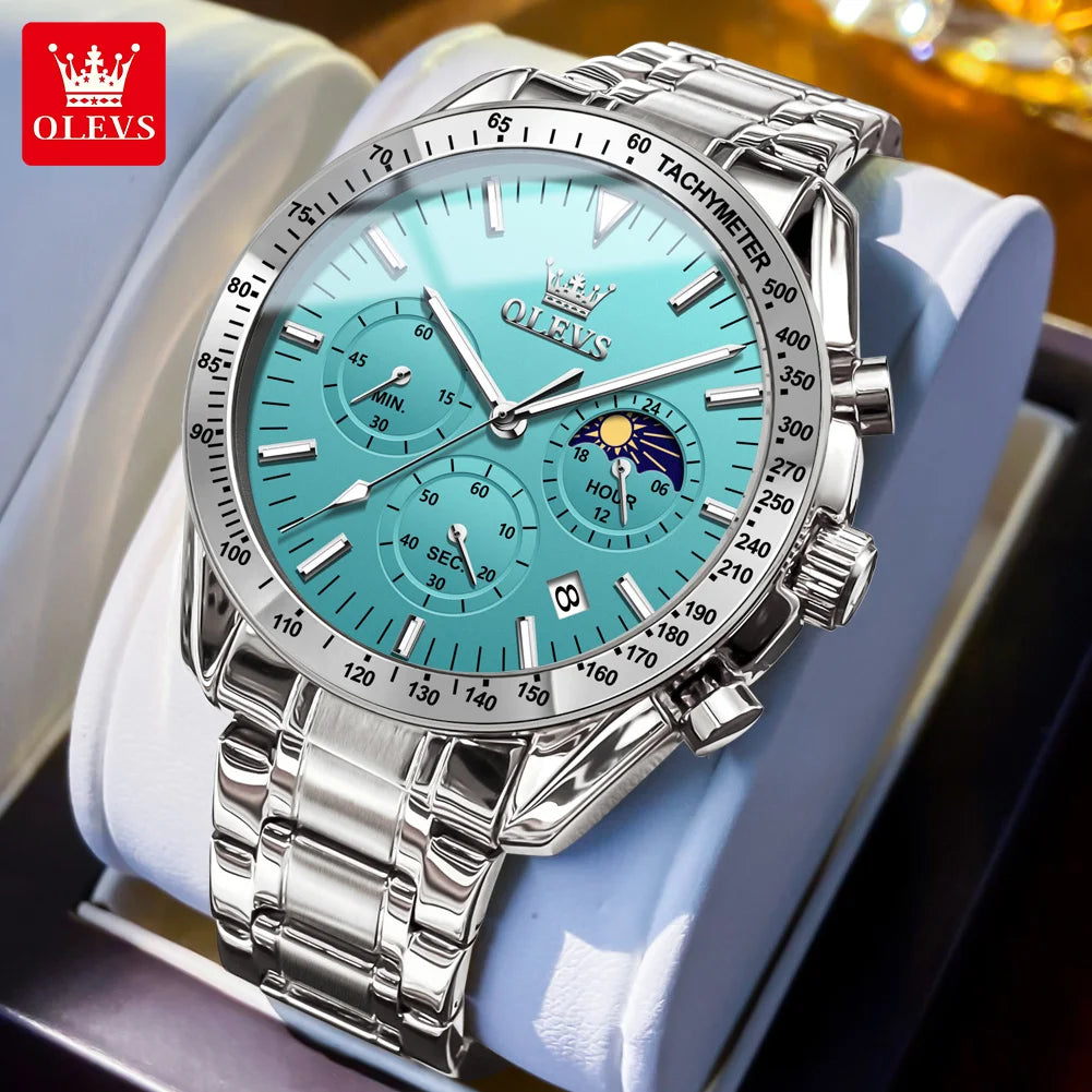 OLEVS 3618 Quartz Watch For Men Original Chronograph Moon Phase 24 Hours Display Hand Clock Stainless Steel Top Brand Man Watch