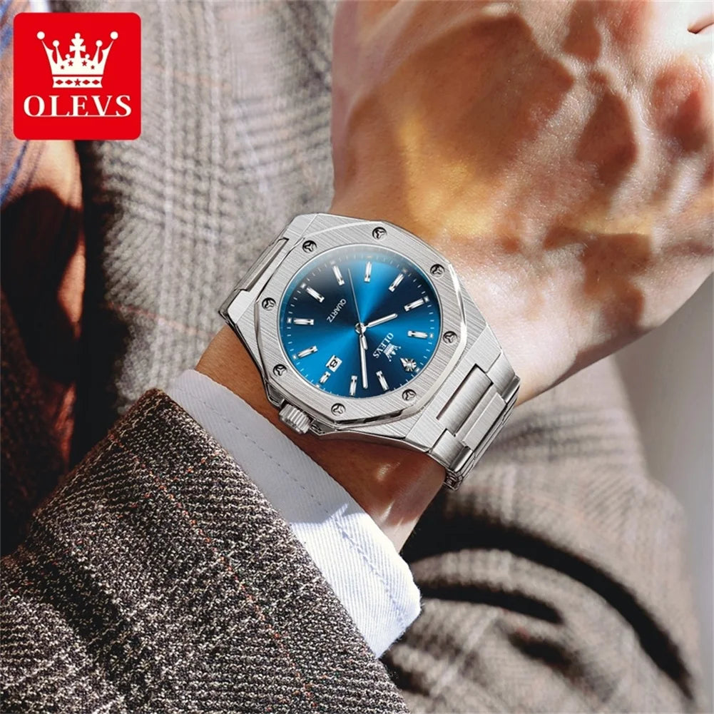 OLEVS 3613 Watch For Men Original Luxury Date Luminous Quartz Male Dress Hand Clock Waterproof Stainless Steel Strap Man Watch
