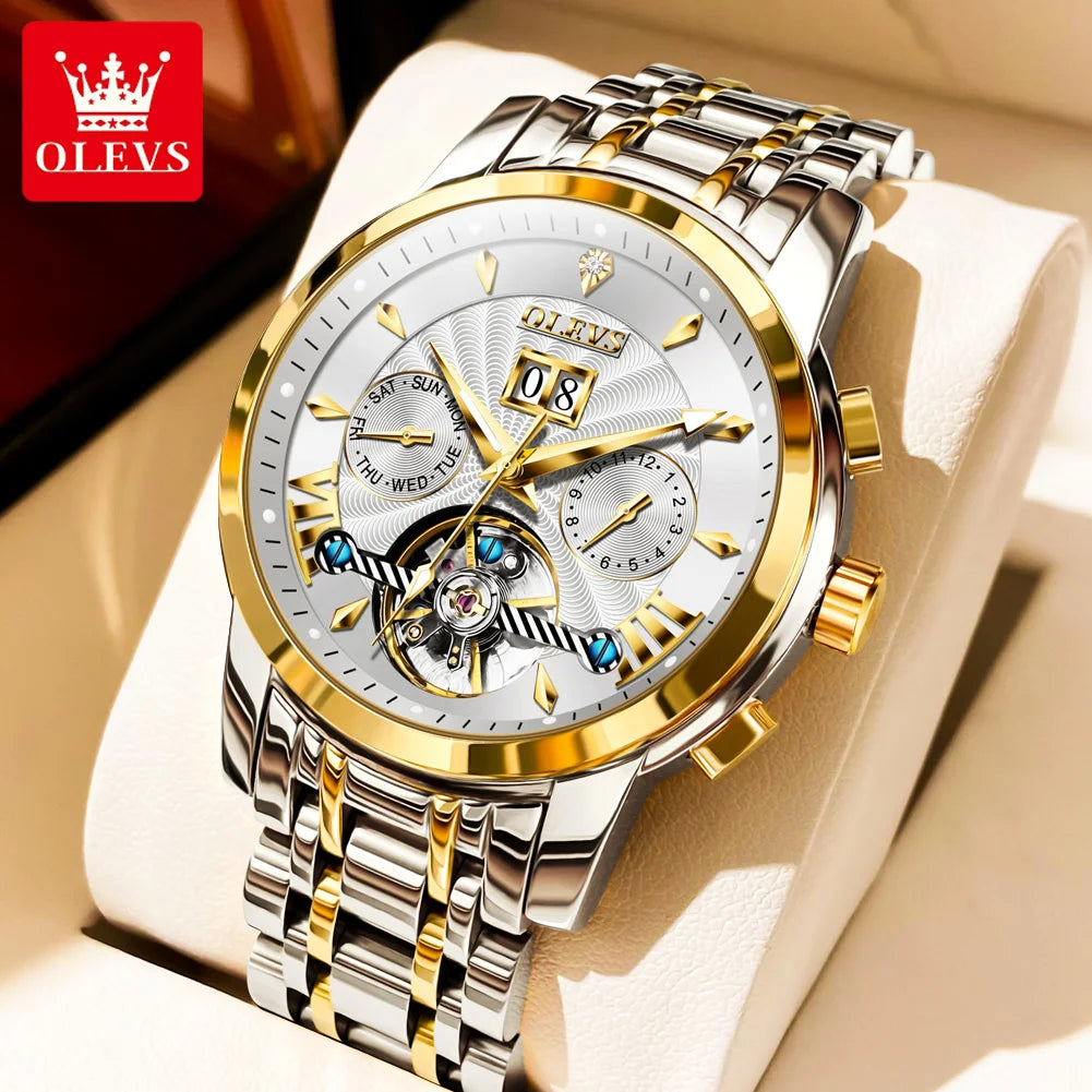 OLEVS 9965 Automatikuhr für Herren, Skelett, Schwungrad, wasserdicht, Herrenuhren, Wochenkalender, Luxus-Herren-Mechanik-Armbanduhr