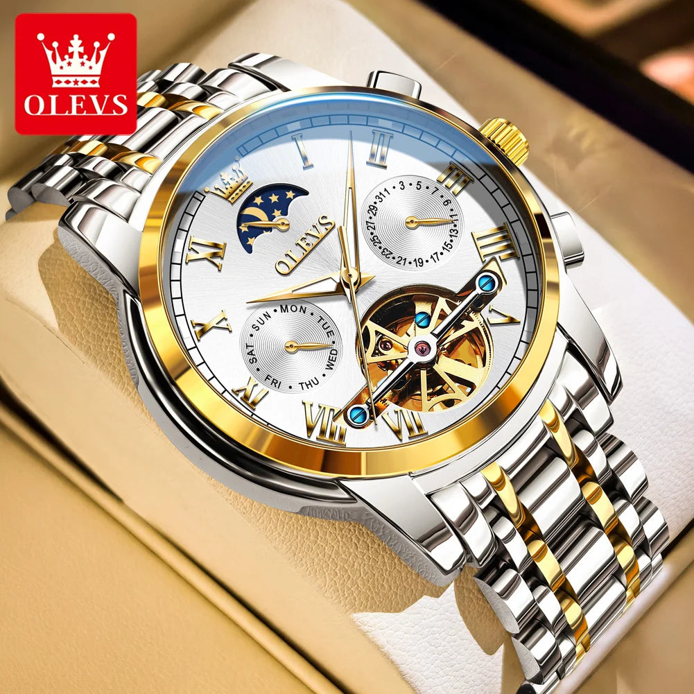 OLEVS Herrenuhren Mondphase Luxus-Edelstahl-Schwungrad Mechanische Handuhr Datum Wasserdicht Leuchtende Herrenuhr 6617