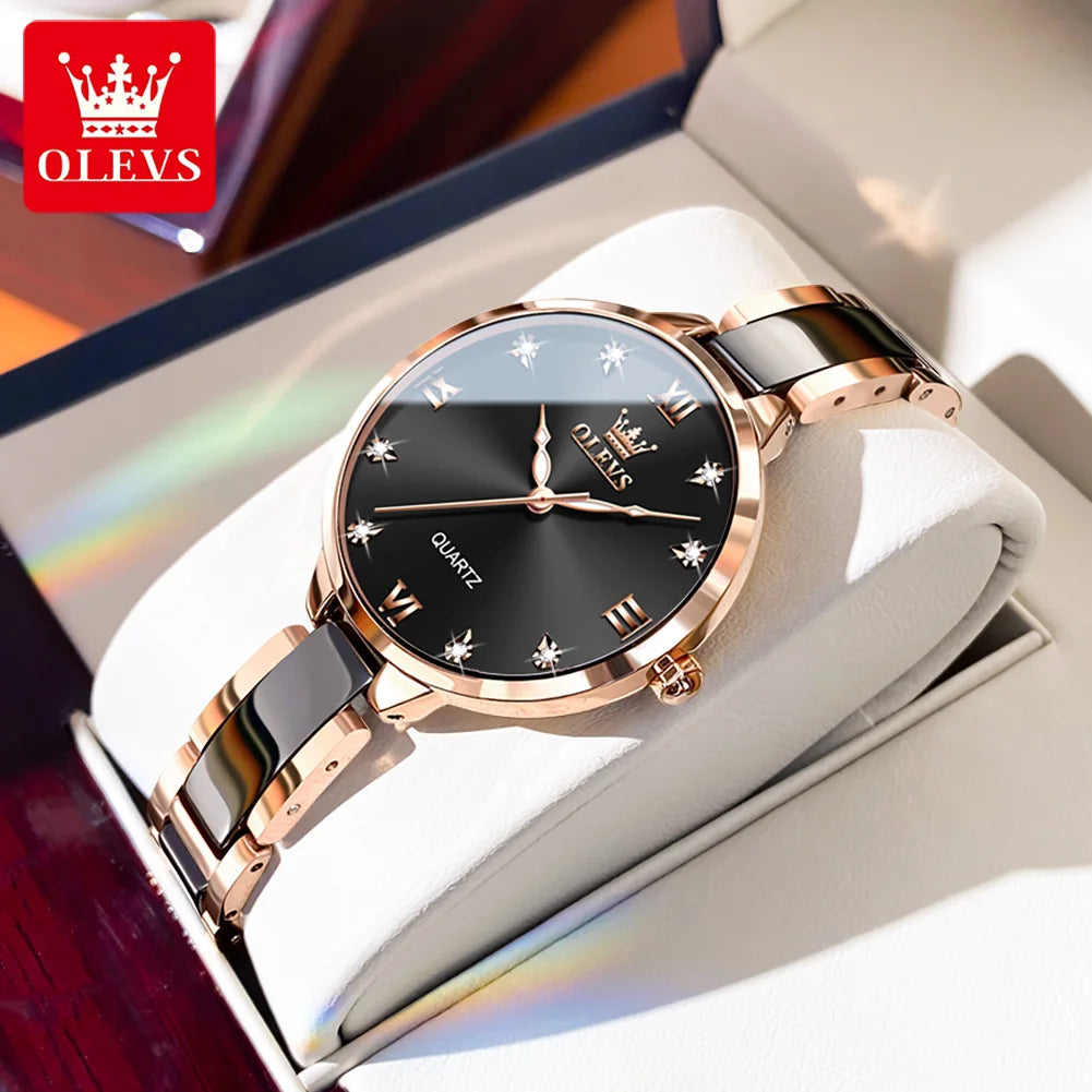 OLEVS 5872 Damenarmbanduhr Mode Elegante Quarzuhr für Frauen Keramik-Edelstahlarmband Wasserdichte Damenuhr Reloj