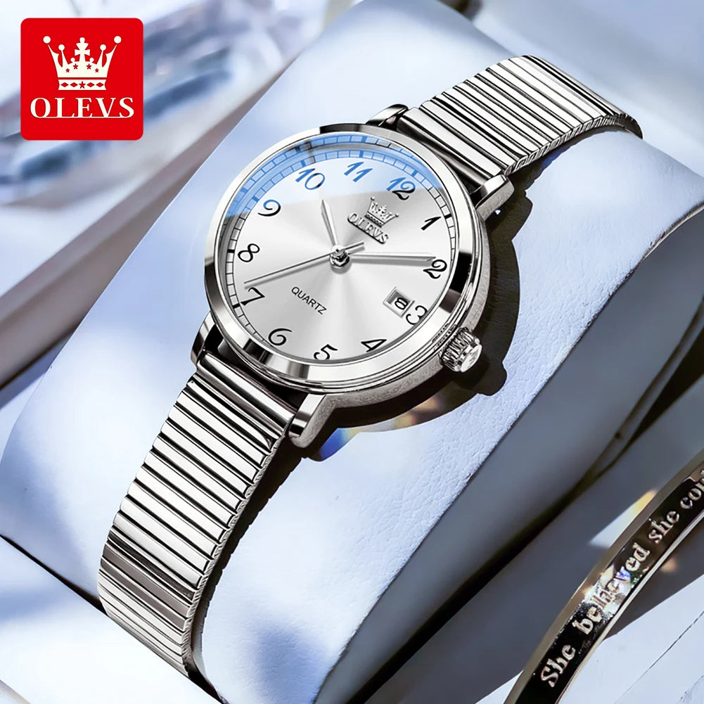 OLEVS 7130 Damenuhren Elegante Mesh-Armband Quarzuhr 9,5mm dünnes Gehäuse Wasserdichtes Automatisches Datum Damen Uhr