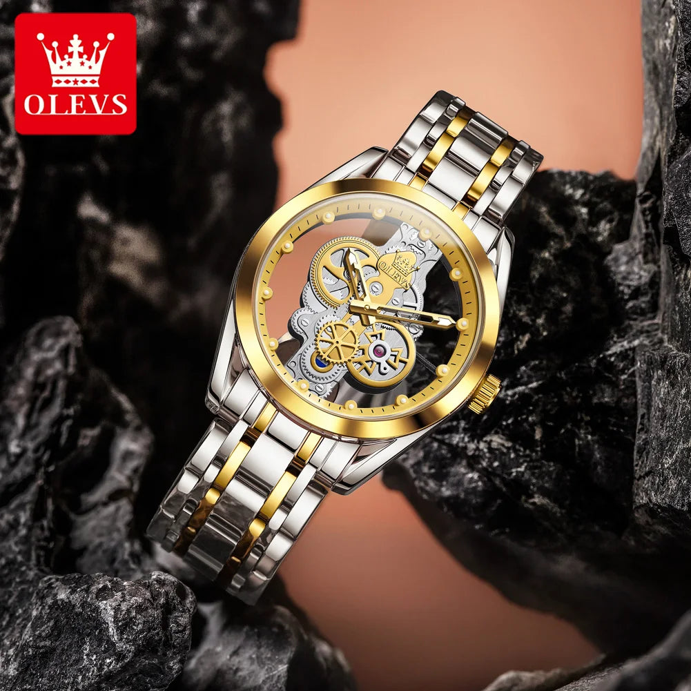 OLEVS 3725 Luxus Herrenuhren 40mm großes Zifferblatt Mode Business Skelett Quarz Uhr für Herren Wasserdicht Leuchtende Herrenuhr