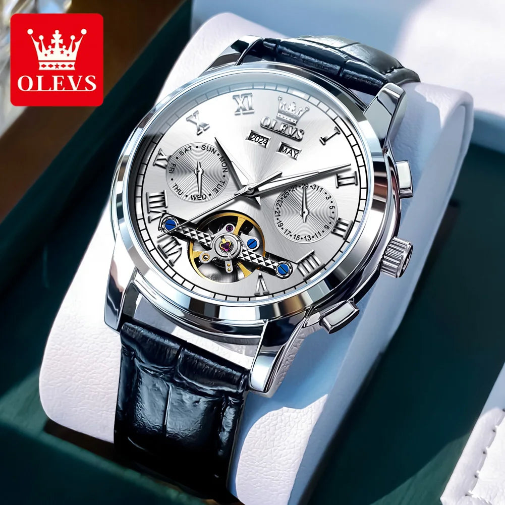 OLEVS Uhren für Herren Luxus-Edelstahl-Schwungrad-Automatik-Uhr Handuhr Woche Datum Wasserdicht Leuchtende Herrenuhr 6607