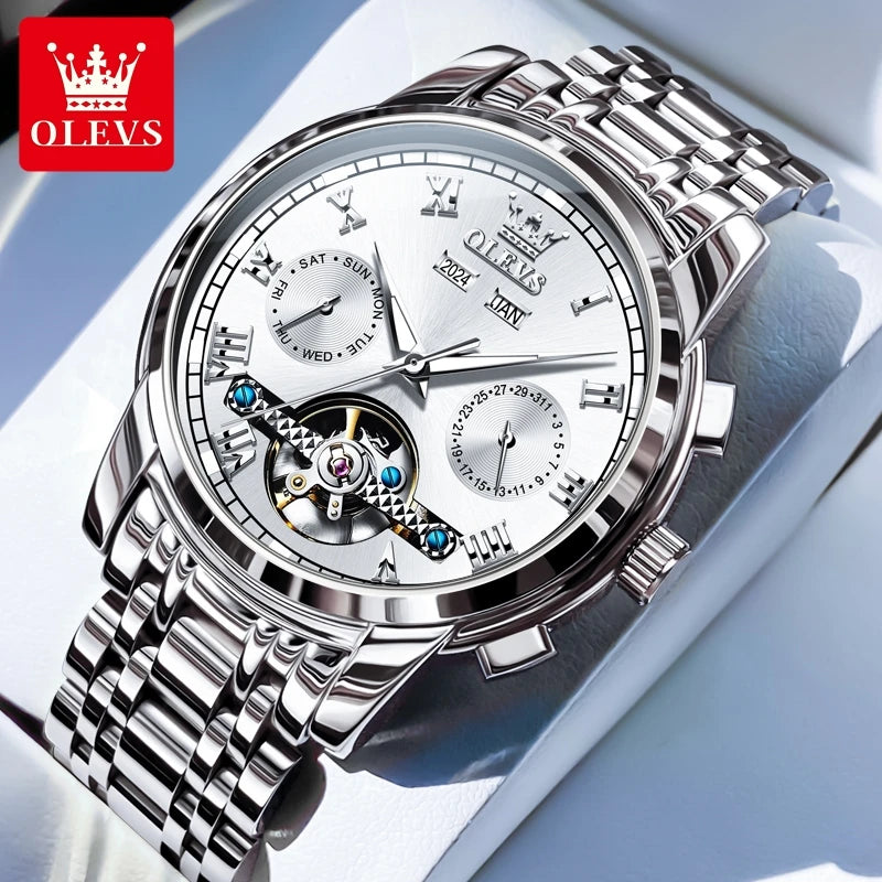OLEVS Uhren für Herren Luxus-Edelstahl-Schwungrad-Automatik-Uhr Handuhr Woche Datum Wasserdicht Leuchtende Herrenuhr 6607