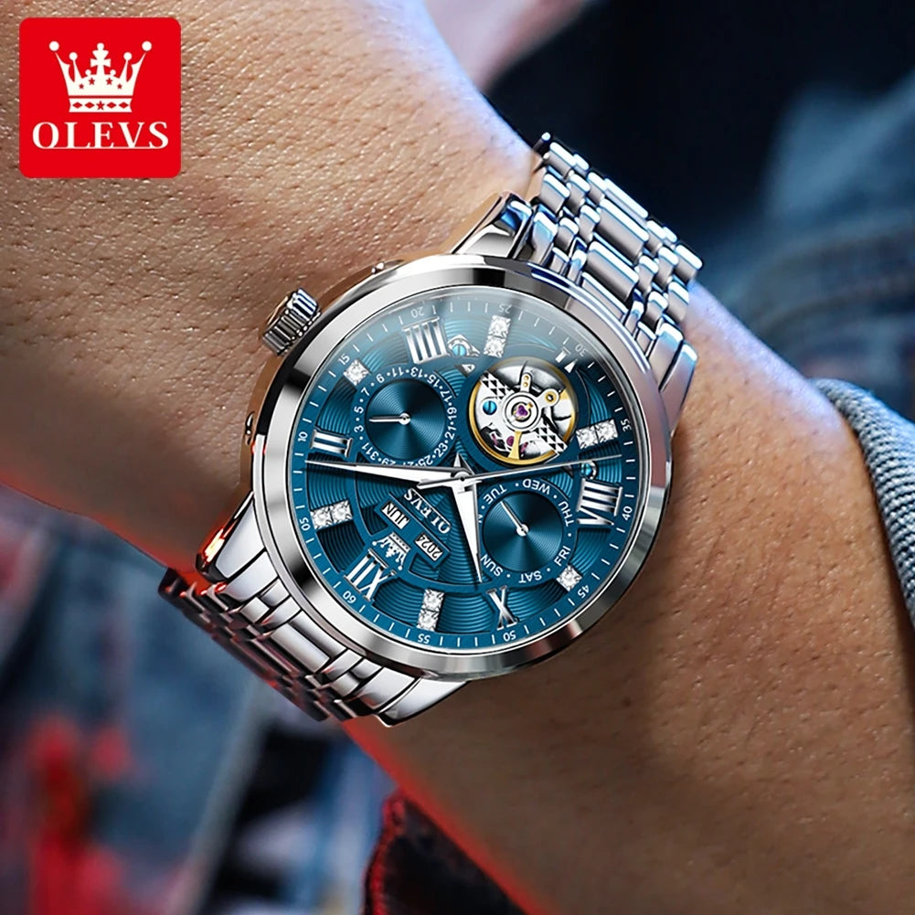 OLEVS 6701 Herrenuhren Top Marke Original Automatische Datumsanzeige Mechanische Uhr für Herren Hohl Wasserdicht Edelstahl Männliche Armbanduhr