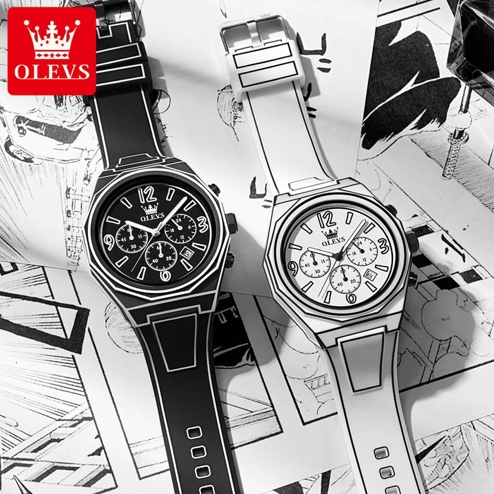 OLEVS 5622 Comic Style Quarzuhr für Herren Chronograph Wasserdicht Leuchtzeiger Ziffernblatt Datum Silikon-Herrenuhren