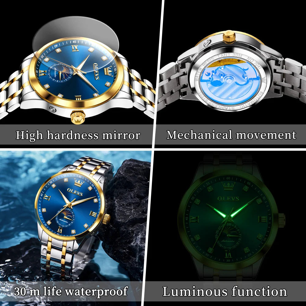 OLEVS 7041 Automatikuhr Herren Mondphase Mechanische Uhr für Herren Luxus Datum Wasserdicht Business Herrenuhr Diamantskala