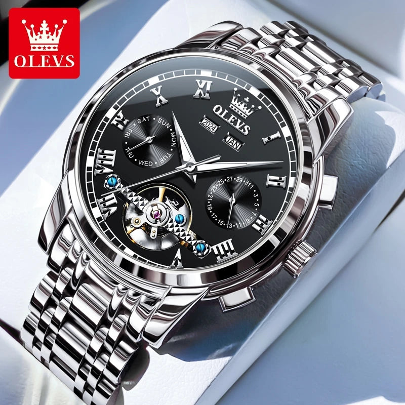 OLEVS Uhren für Herren Luxus-Edelstahl-Schwungrad-Automatik-Uhr Handuhr Woche Datum Wasserdicht Leuchtende Herrenuhr 6607