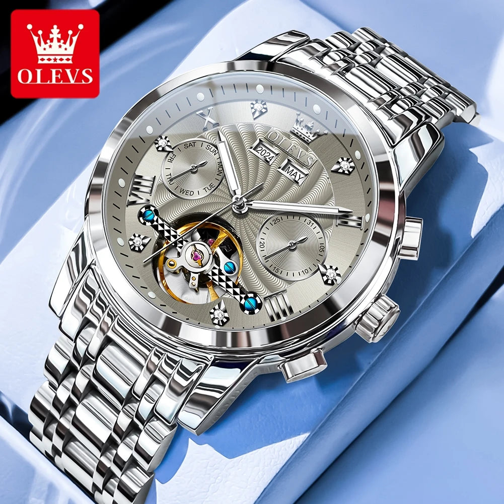 OLEVS 7088 Herrenuhr Mode Kalender Mechanische Uhr für Herren Original Hohl-Stahlarmband Business Armbanduhr Tief Wasserdicht