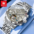 OLEVS Herrenuhr Mode Kalender Mechanische Uhr für Herren Original Hohl-Stahlarmband Business-Armbanduhr Tief wasserdicht 7088