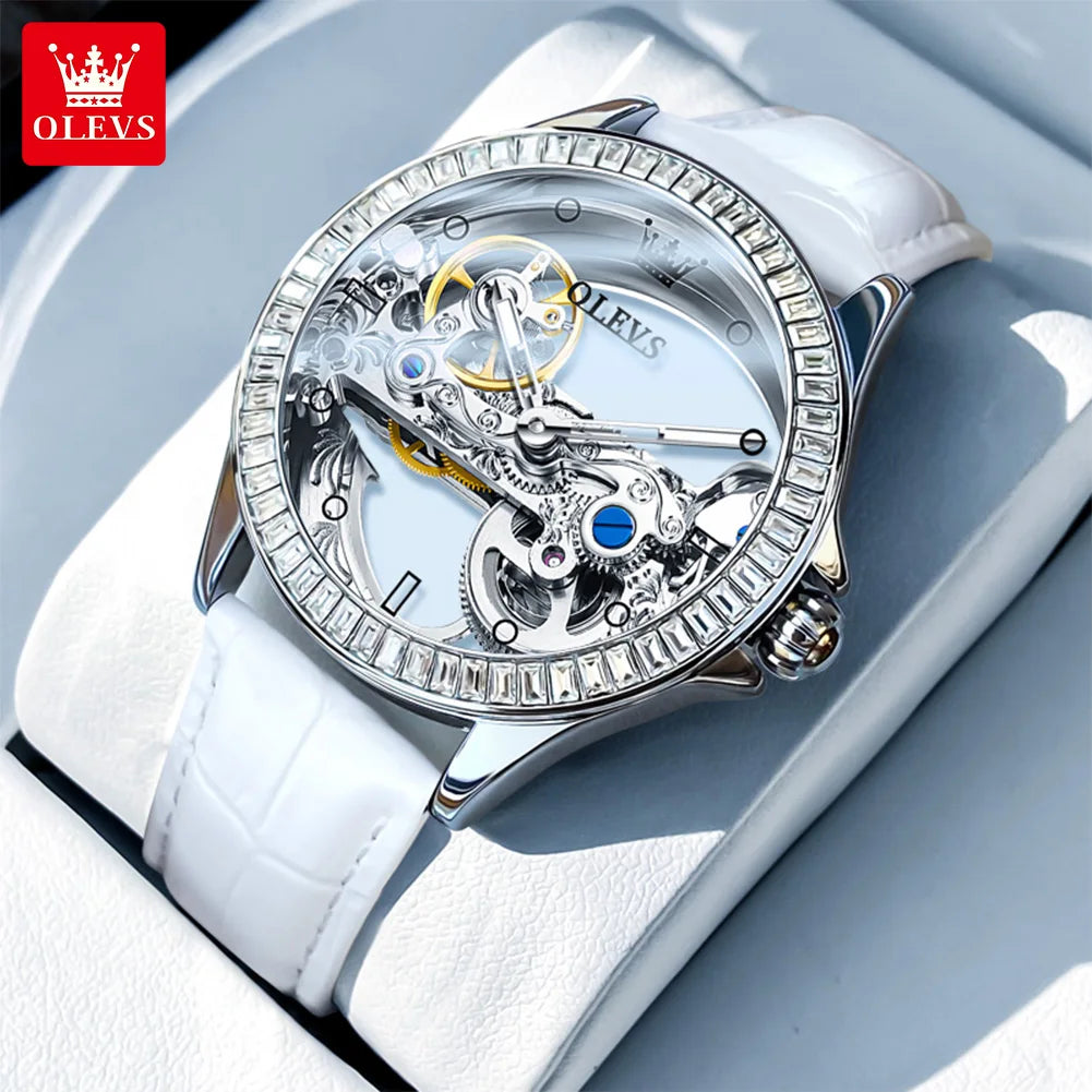 OLEVS 6699 Damen-Automatikuhren, hohle Schwungrad-Mechanikuhr für Damen, Diamant-Luxuszifferblatt, wasserdichte Damenuhr