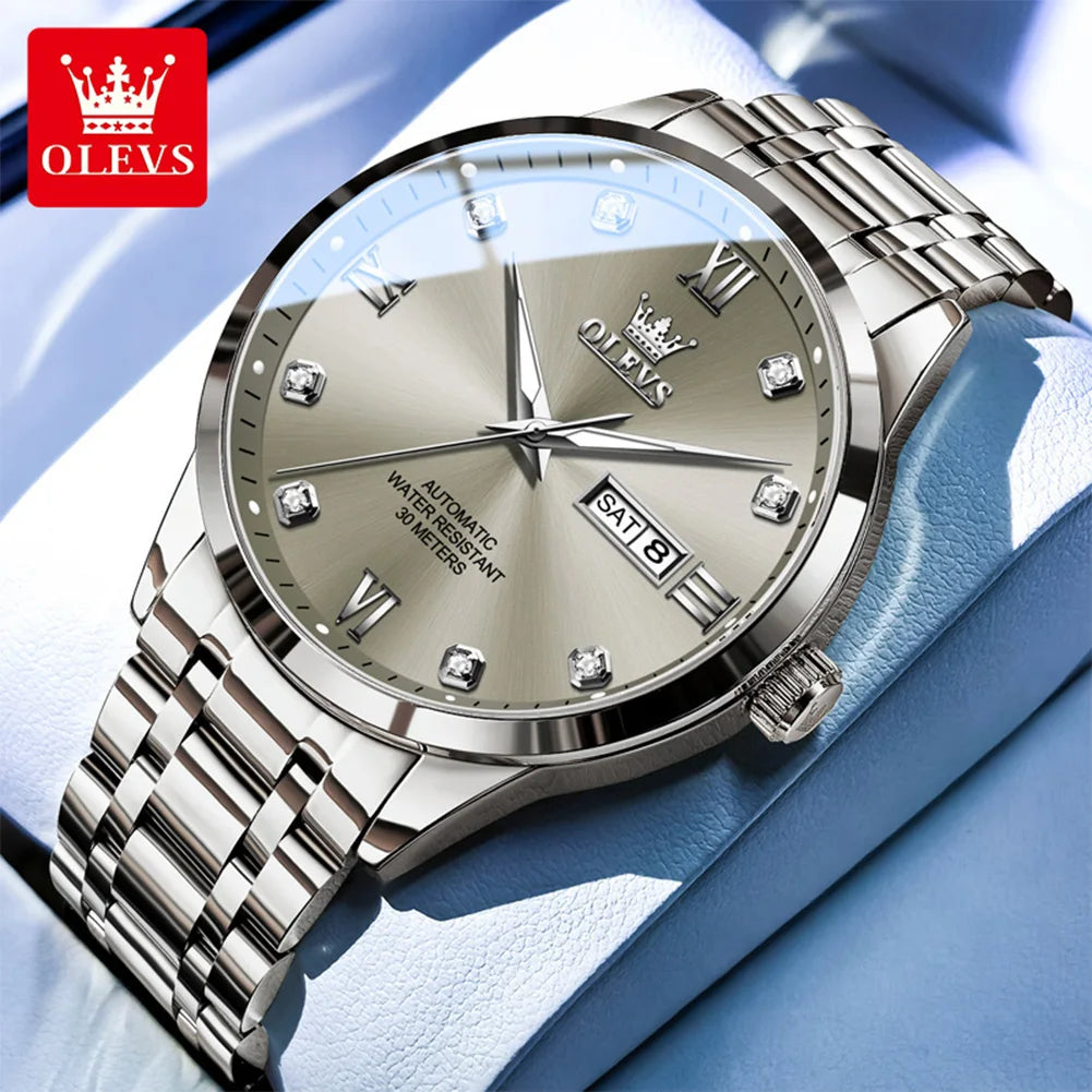 OLEVS Uhren Luxus Herren Business Diamantskala Automatik Mechanische Uhr Doppelkalender Wasserdicht Herren Armbanduhr 9946